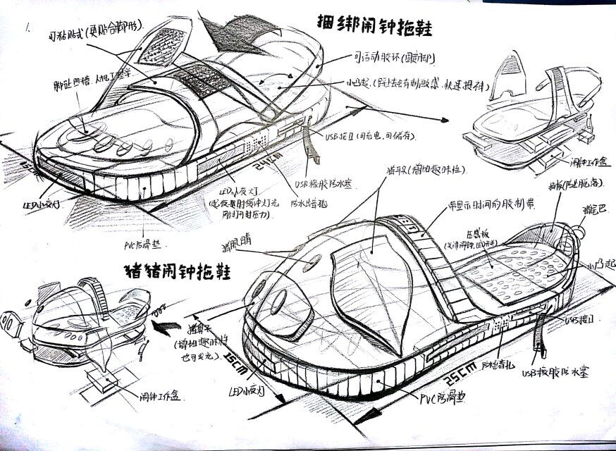 图十九闹钟拖鞋手绘草图图二十可穿戴耳机马克笔手绘效果图图二十一